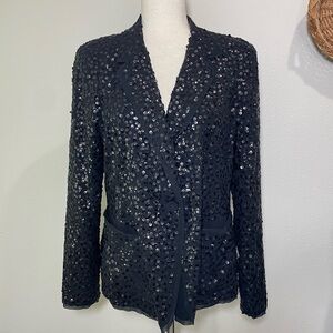 DKNY Silk Sequins Black Blazer Jacket 1 Button Holiday New Years Women’s Size 12